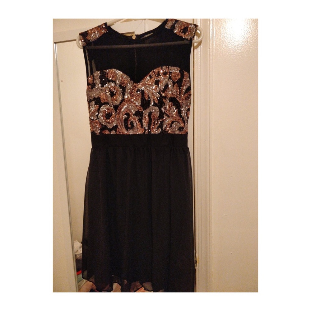 Mesh Gold Sequin Chiffon Skater Dress